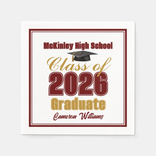 Maroon Gold Class of 2026 Custom Graduation Party Servet (Voorkant)