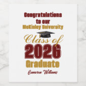 Maroon Gold Class of 2026 Custom Graduation Party Wijn Etiket (Enkel label)