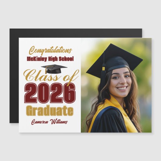 Maroon Gold Class of 2026 Graduation Photo Magnet (Voorkant / Achterkant)
