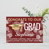 Maroon Gold Confetti Bokeh Bubbles Afstuderen Kaart (Staand voorkant)