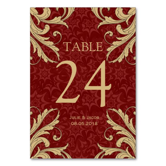 Maroon Gold Damask Wedding Table Kaarten (Voorkant)