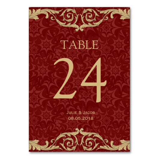 Maroon Gold Damask Wedding Table Kaarten (Achterkant)