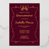 Maroon Gold Folie Quinceañera Uitnodiging Hand get (Voorkant)