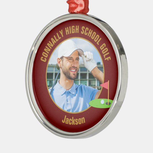 Maroon Gold Golfer Photo High School Golf Team Metalen Ornament (Links)