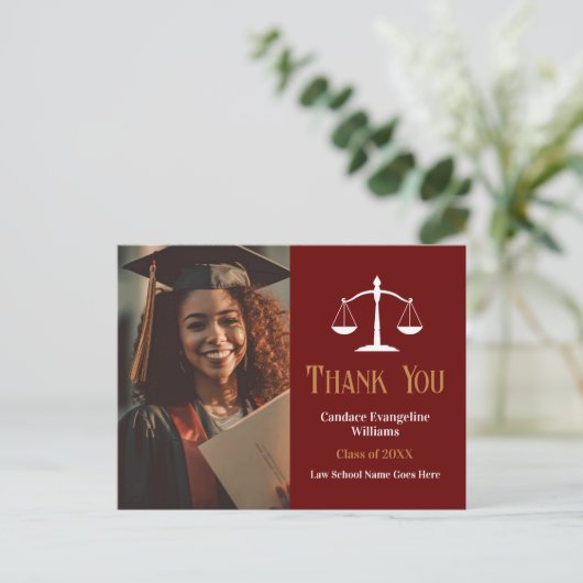 Maroon Gold Law School Afstuderen Foto Dank u Briefkaart (Staand voorkant)