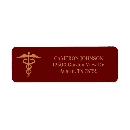 Maroon Gold Medische Caduceus Dokter Retouradres Etiket (Voorkant)