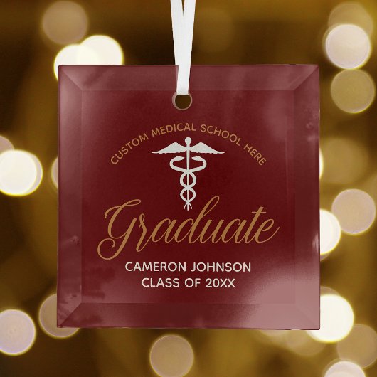 Maroon Gold Medische School Afstuderen Gift Glas Ornament