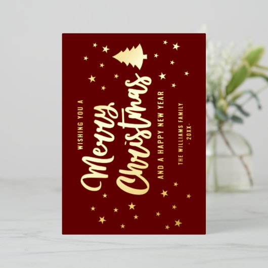 Maroon Gold Non-Foto Naam Merry Kerstry Folie Feestdagenkaart (Staand Voorkant)