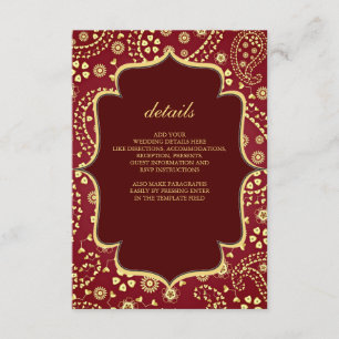 Maroon Gold Paisley Bollywood Style Indian Wedding Informatiekaartje