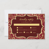 Maroon Gold Paisley Bollywood Style Indian Wedding RSVP Kaartje (Voorkant)