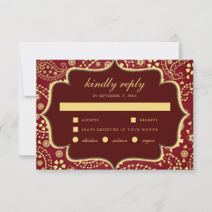 Maroon Gold Paisley Bollywood Style Indian Wedding RSVP Kaartje