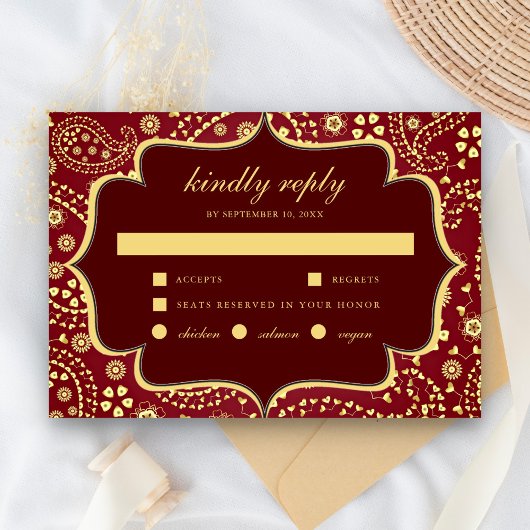 Maroon Gold Paisley Bollywood Style Indian Wedding RSVP Kaartje