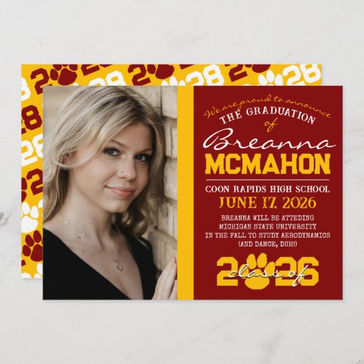 Maroon & Gold Paw Print Afstuderen Aankondiging (Voorkant / Achterkant)