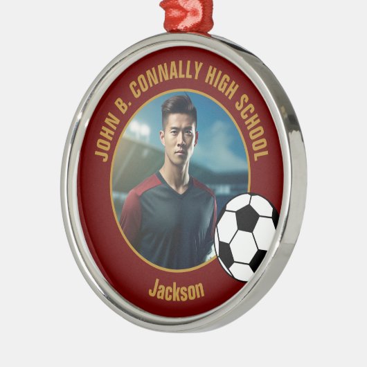 Maroon Gold Soccer Player Photo Christmas Metalen Ornament (Links)