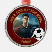 Maroon Gold Soccer Player Photo Christmas Metalen Ornament (Voorkant)