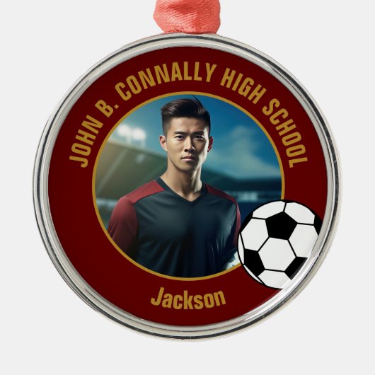 Maroon Gold Soccer Player Photo Christmas Metalen Ornament (Voorkant)