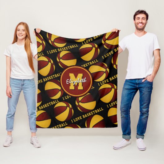 Maroon Gold sportteam kleuren Ik hou van basketbal Fleece Deken (In situ)