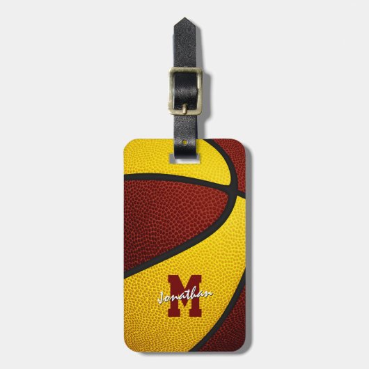maroon gold team kleuren monogrammen basketbal bagagelabel (Voorkant verticaal)