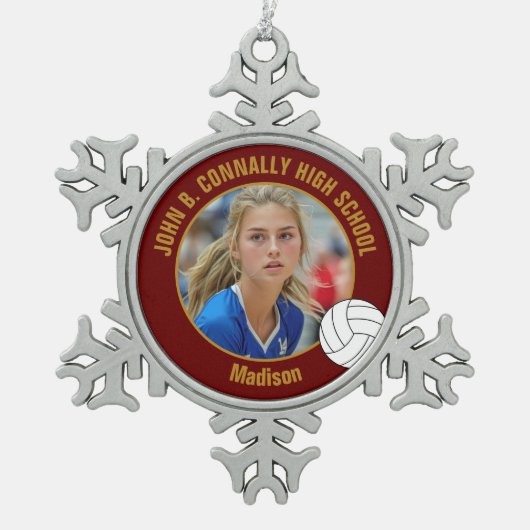 Maroon Gold Volleyball Player Photo High School Tin Sneeuwvlok Ornament (Voorkant)