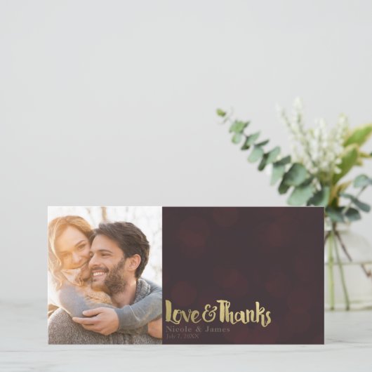 Maroon Gold Wedding Foto Love & Bedankt Hartelijk (Staand voorkant)