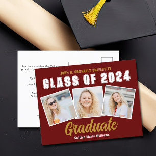 Maroon Gold White Fotocollage 2025 Afstuderen Aankondigingskaart