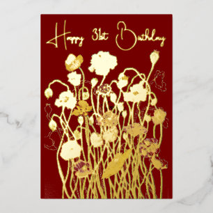 Maroon & Gold Wild Poppy Waterverf op leeftijd Folie Feestdagenkaart