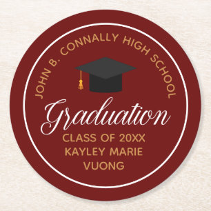 Maroon Goud Afstuderen Custom School Party Ronde Kartonnen Onderzetter