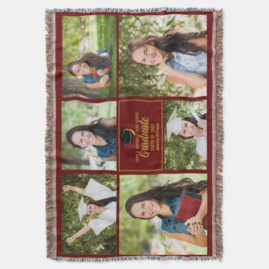 Maroon Goud Afstuderen Fotocollage Chic Custom Deken (Voorkant Verticaal)