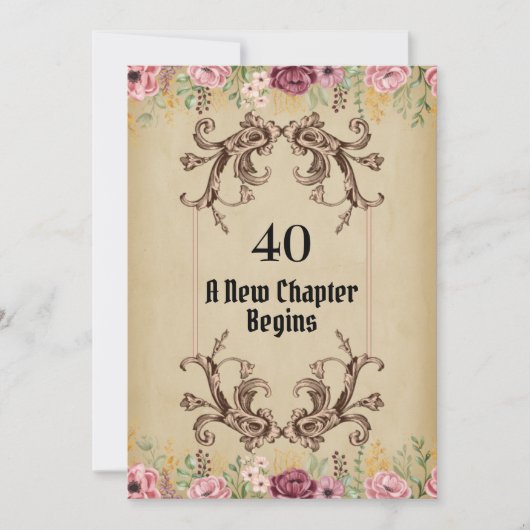 Maroon Goud Flora Perkament 40e Verjaardag Kaart (Voorkant)