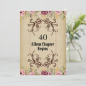 Maroon Goud Flora Perkament 40e Verjaardag Kaart (Staand voorkant)