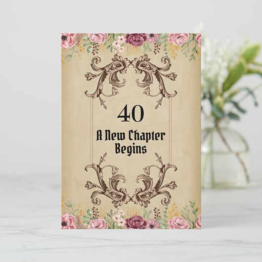  Maroon Goud Flora Perkament 40e Verjaardag Kaart (Staand voorkant)