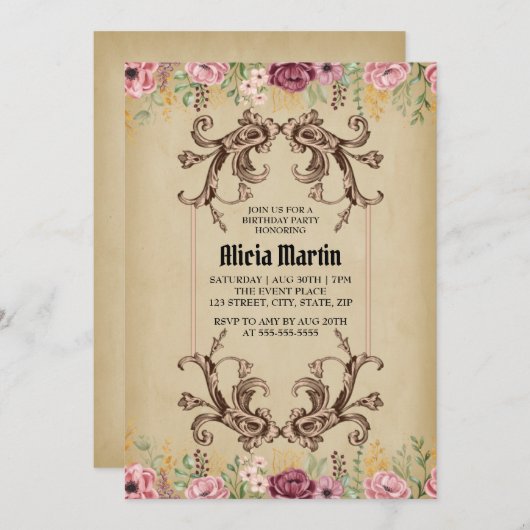  Maroon Goud Flora Perkament Verjaardag Kaart (Voorkant / Achterkant)