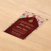 Maroon Goud Rode Rozen Bloemen Moslim Bruiloft Acryl Uitnodigingen (Laagn)
