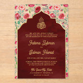 Maroon Goud Rode Rozen Bloemen Moslim Bruiloft Acryl Uitnodigingen (Voorkant)