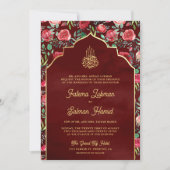 Maroon Goud Rode Rozen Bloemen Moslim Bruiloft Kaart (Voorkant)