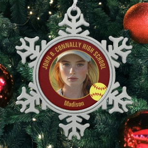 Maroon Goud Softbal Speler Foto Middelbare School Tin Sneeuwvlok Ornament