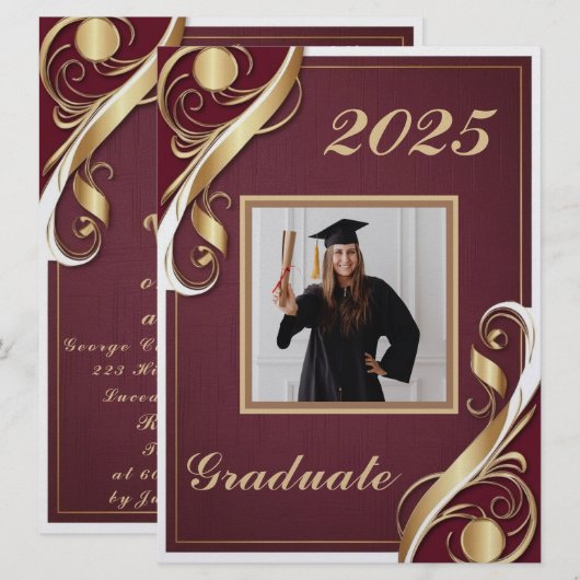 Maroon Goud Wit Afstuderen 2025 Kaart (Voorkant / Achterkant)