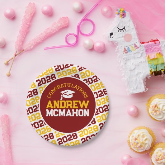 Maroon, Goud & Wit Afstuderen Gepersonaliseerd Papieren Bordje (Feest)