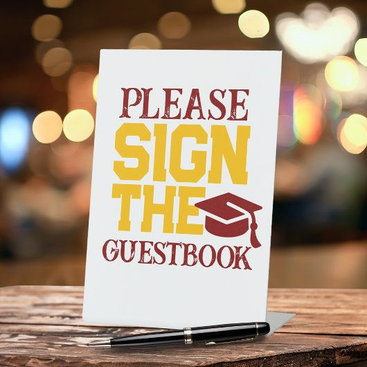 Maroon, Goud & Wit Gastenboek Afstuderen Tafel Reclamebord Met Voetstuk