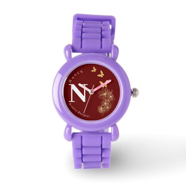 Maroon goudbloemvlinder minimalistische kinderen horloge (Voorkant)