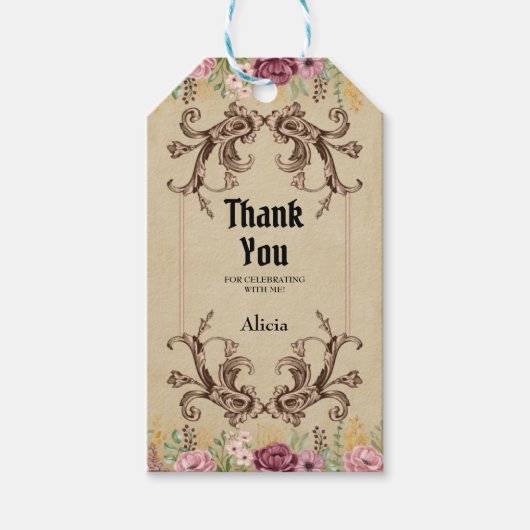  maroon gouden bloemperkament dank u cadeaulabel (Voorkant)