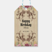  Maroon Gouden Bloemperkament Verjaardag Cadeaulabel (Voorkant)