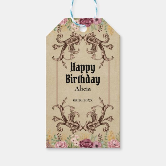  Maroon Gouden Bloemperkament Verjaardag Cadeaulabel (Voorkant)