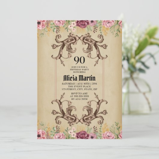  Maroon Gouden Bloemperkament Verjaardag Kaart (Staand voorkant)