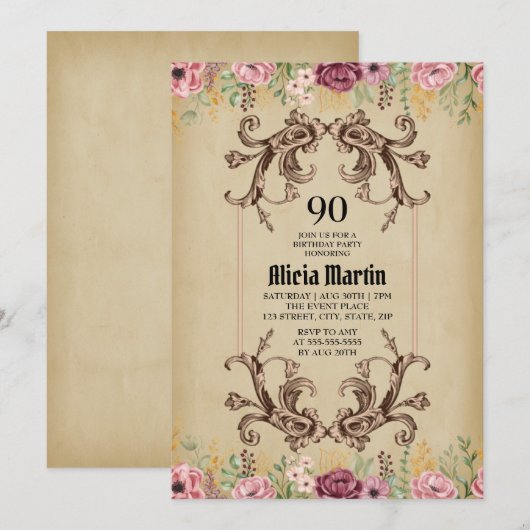 Maroon Gouden Bloemperkament Verjaardag Kaart (Voorkant / Achterkant)