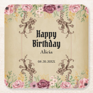 Maroon Gouden Bloemperkament Verjaardag Kartonnen Onderzetters