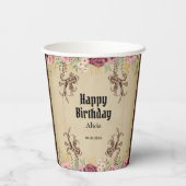 Maroon Gouden Bloemperkament Verjaardag Papieren Bekers (Achterkant)