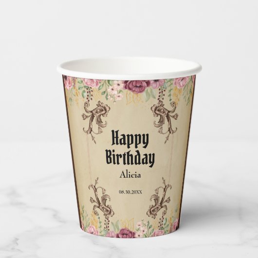  Maroon Gouden Bloemperkament Verjaardag Papieren Bekers (Achterkant)