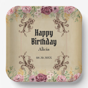 Maroon Gouden Bloemperkament Verjaardag Papieren Bordje