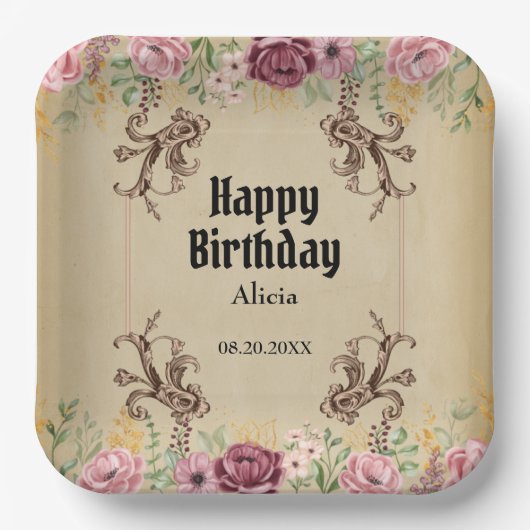  Maroon Gouden Bloemperkament Verjaardag Papieren Bordje (Voorkant)